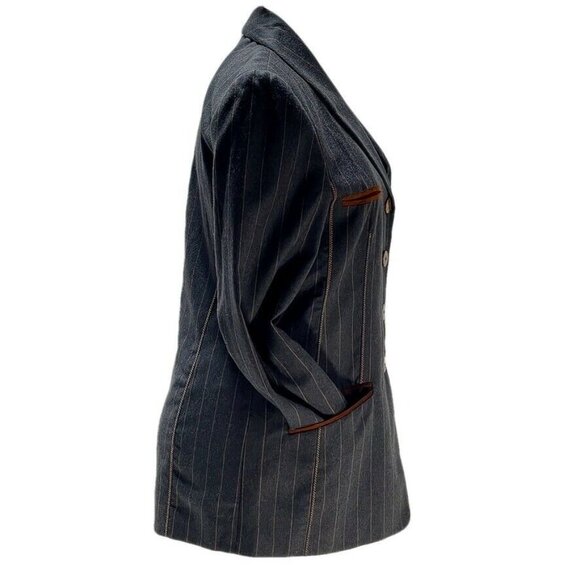 Vtg Time Collection Pinstripe Wool Blend Blazer W/ Leather Trim Pockets - Picture 8 of 11